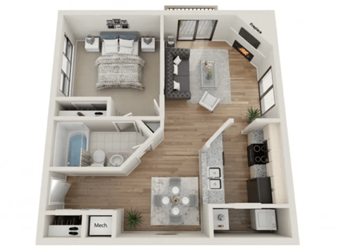 Floor plan for 1 bed, 1 bath, 676 sqft